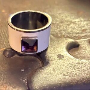 Stainless Steel White Enameled Wide Ring with Square Purple Stone Size 5